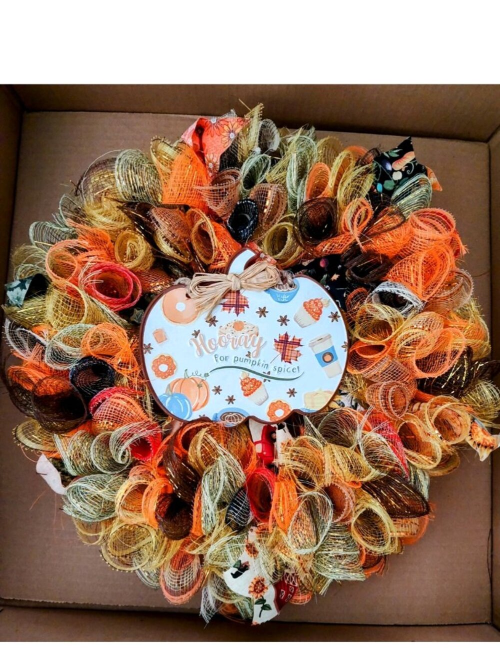 Handmade Seasonal Deco Mesh/Ribbon Wreath Fall Autumn Hooray Pumpkin Spice